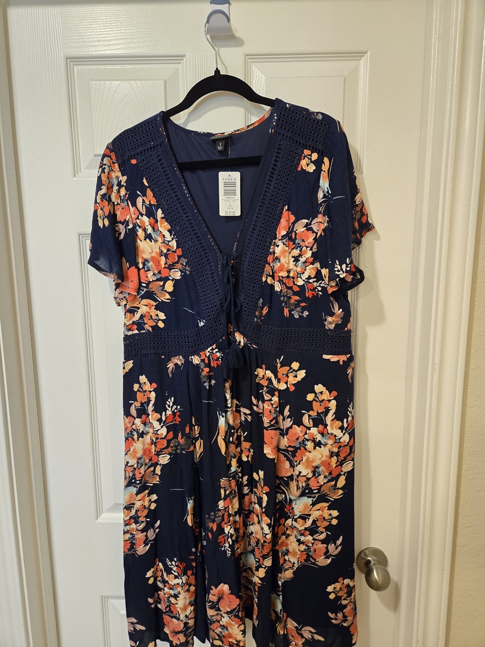 torrid Navy Floral Tie-Front Midi Dress with Coral Blooms